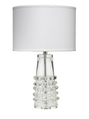 Jamie Young Tall Ribbon Table Lamp in Clear Glass with Medium Drum Shade in White Linen