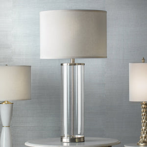 Jamie Young Rockefeller Table Lamp in Nickel with Classic Drum Shade in White Linen