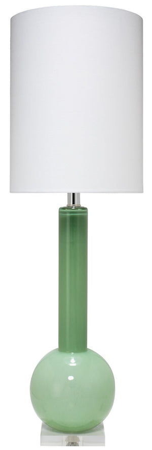 Jamie Young Studio Table Lamp in Leaf Green Glass with Tall Thin Drum Shade in White Linen