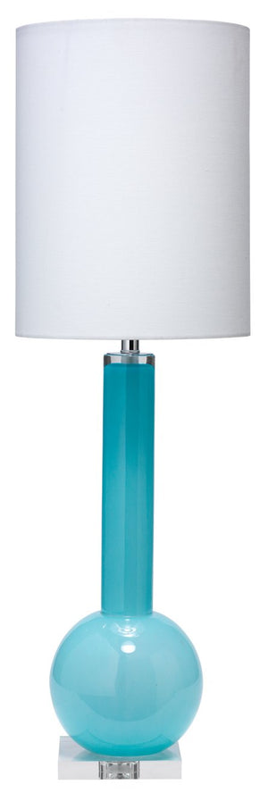Jamie Young Studio Table Lamp in Powder Blue Glass with Tall Thin Drum Shade in White Linen