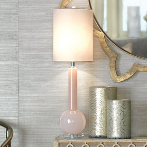 Jamie Young Studio Table Lamp in Petal Pink Glass with Tall Thin Drum Shade in White Linen