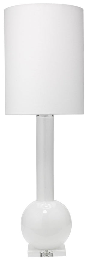 Jamie Young Studio Table Lamp in White Glass with Tall Thin Drum Shade in White Linen
