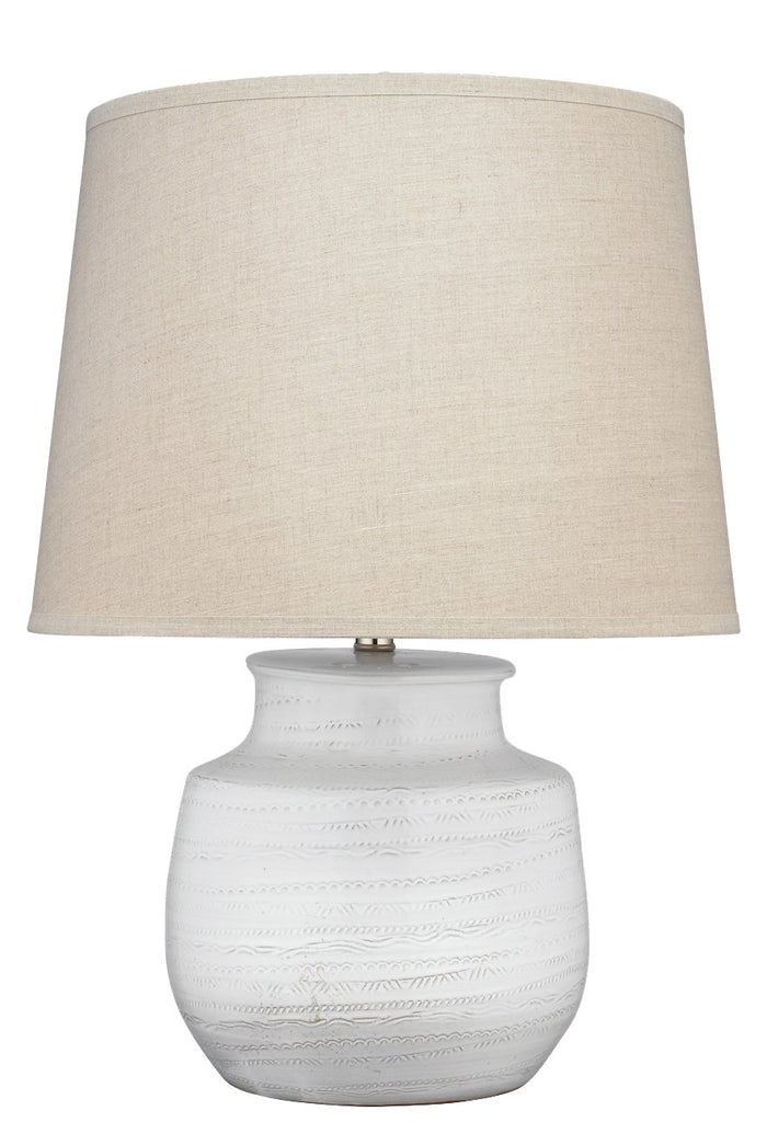 Jamie Young Small Trace Table Lamp in White Ceramic with Large Cone Shade in Natural Linen