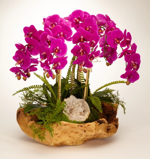 T&C Floral Company Orchid and Geode in Wood Bowl
