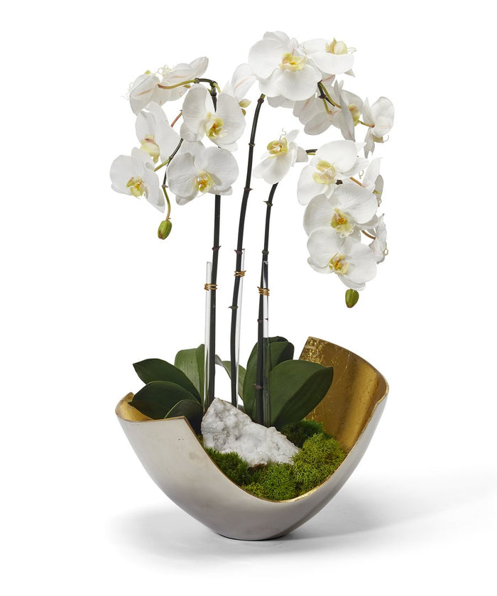 T&C Floral Company Orchids in Two Tone Metal with Geode - White