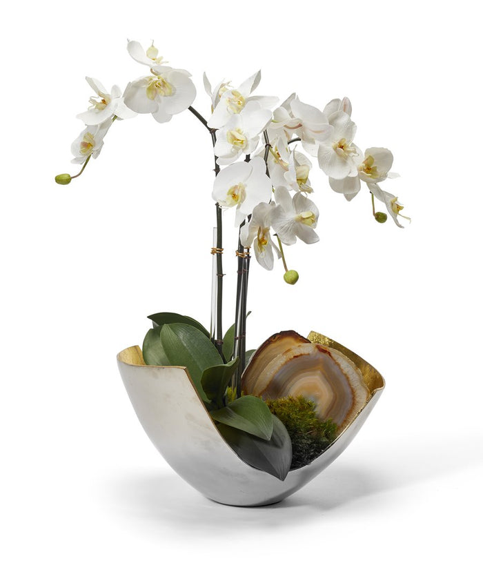 T&C Floral Company Orchids in Two Tone Metal/Agate Slabs- White