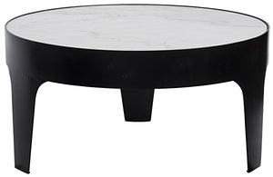 Noir Cylinder Round Coffee Table, Black Metal with Quartz Top