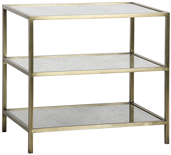 Noir 3 Tier Side Table, Antique Brass, Metal and Antique Mirror