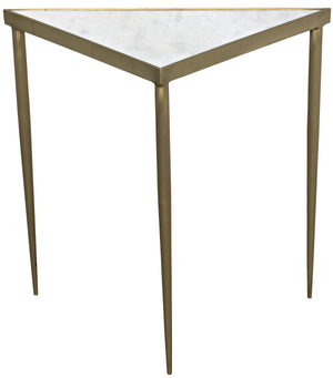 Noir Comet Triangle Side Table, Large, Stone, Metal with Brass Finish