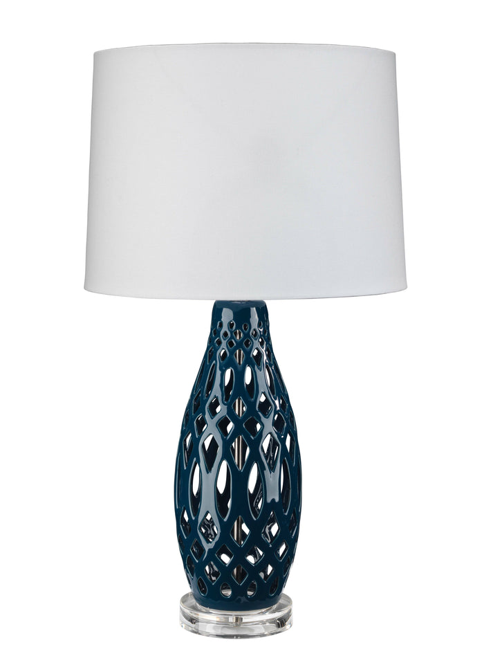 Jamie Young Filigree Table Lamp in Navy Blue Ceramic with Cone Shade in White Linen