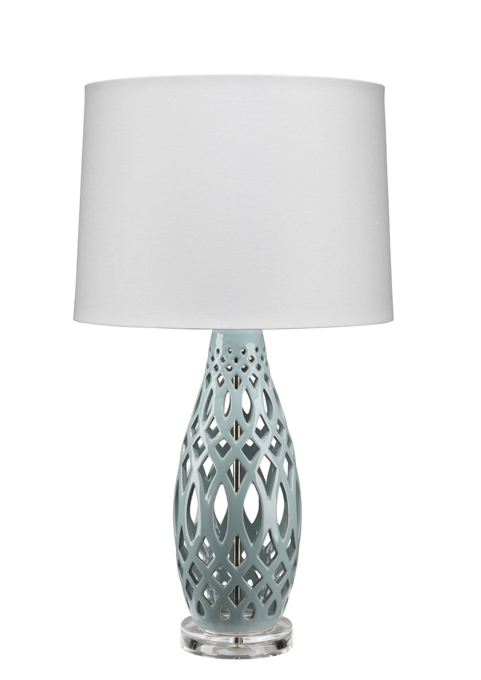 Jamie Young Filigree Table Lamp in Pale Blue Ceramic with Cone Shade in White Linen