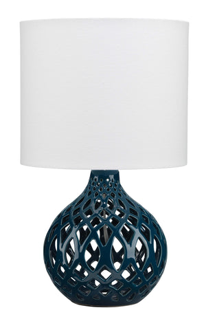 Jamie Young Fretwork Table Lamp in Navy Blue Ceramic with Drum Shade in White Linen