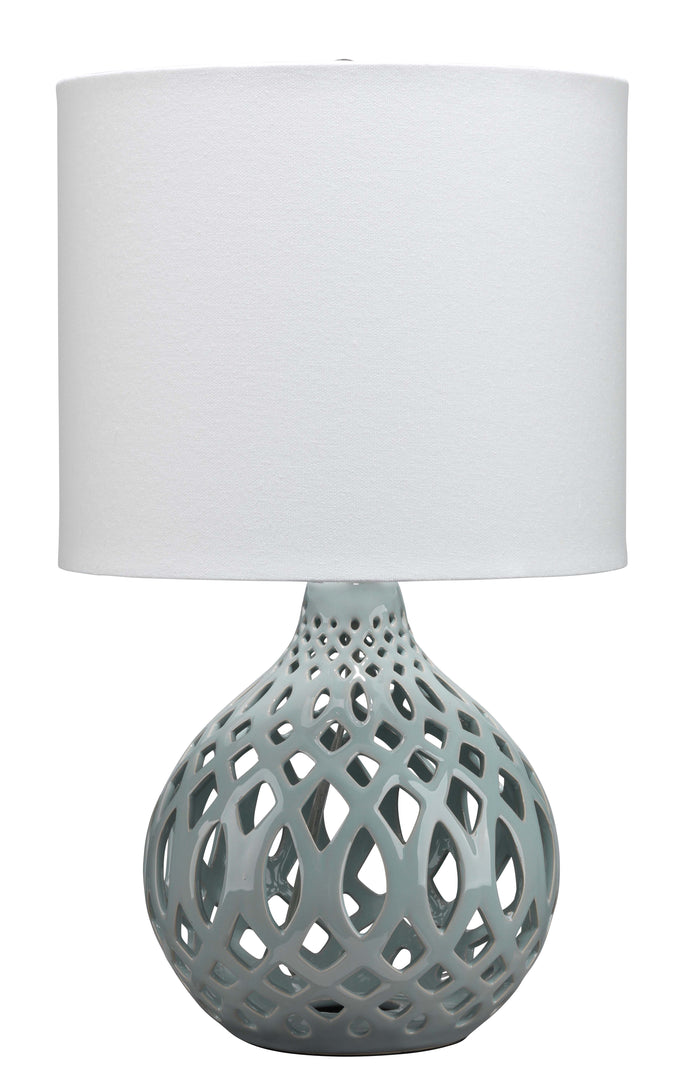 Jamie Young Fretwork Table Lamp in Pale Blue Ceramic with Drum Shade in White Linen