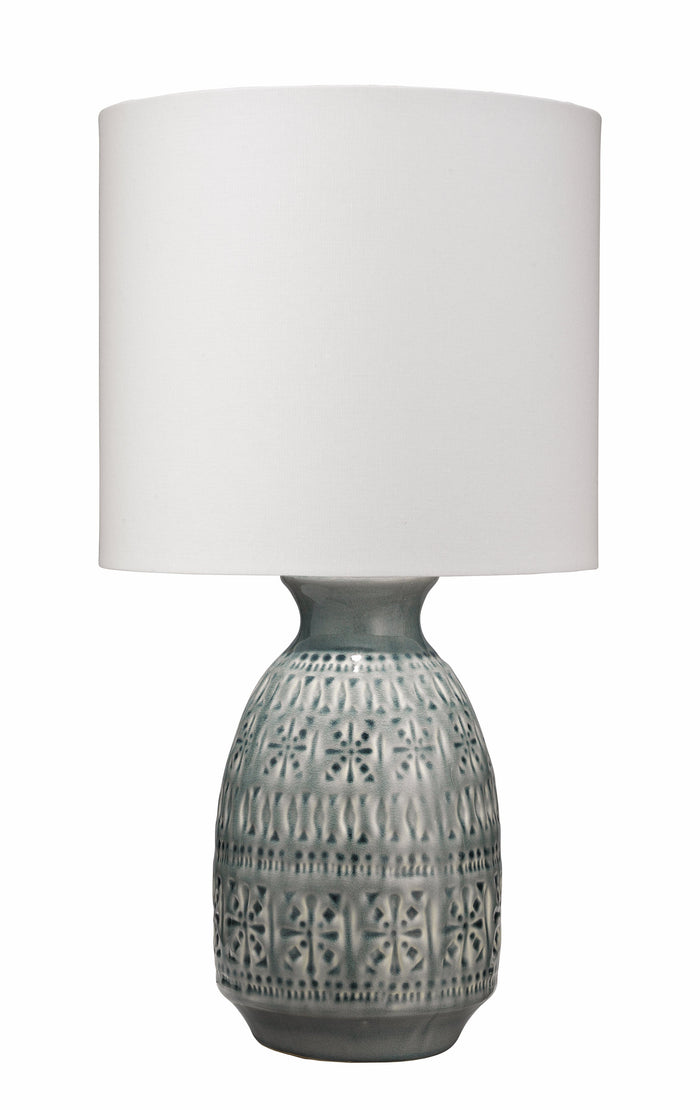 Jamie Young Frieze Table Lamp in Slate Blue Ceramic with Drum Shade in White Linen
