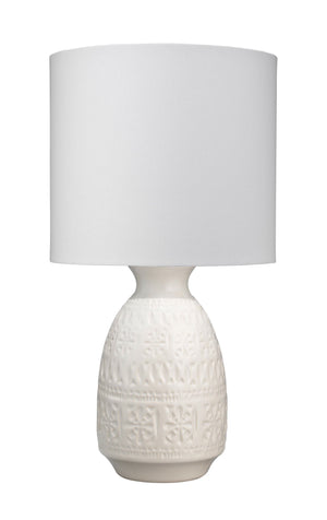 Jamie Young Frieze Table Lamp in White Ceramic with Drum Shade in White Linen