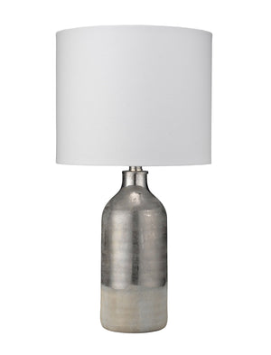 Jamie Young Varnish Table Lamp in Silvered Taupe & Off-White Ceramic with Drum Shade in White Linen